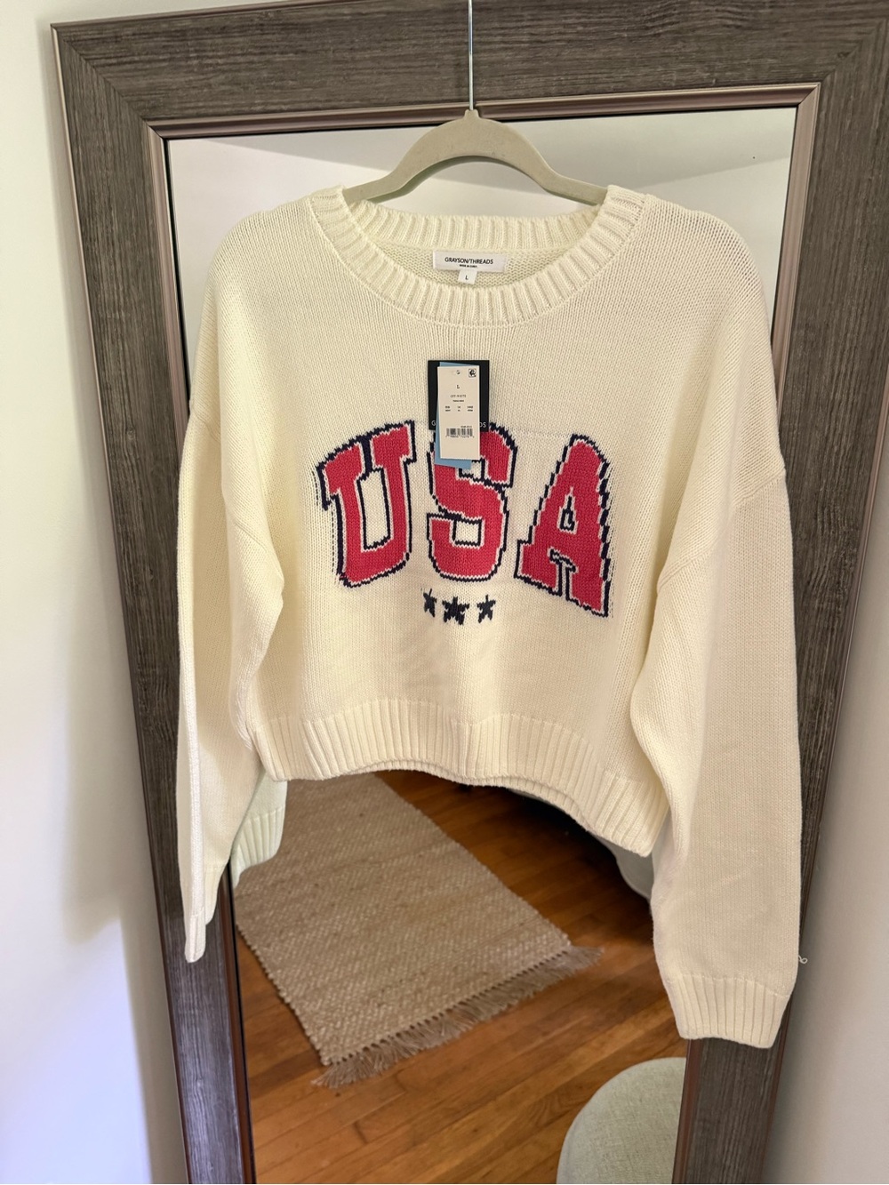 Grayson Threads Cream Crewneck Sweater with Red USA Lettering